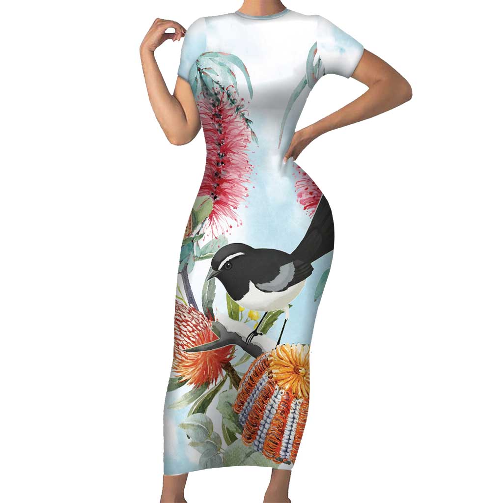 Willie wagtail Australia Family Matching Short Sleeve Bodycon Dress and Hawaiian Shirt Banksia Bottlebrushes Watercolor Stylized - Vibe Hoodie