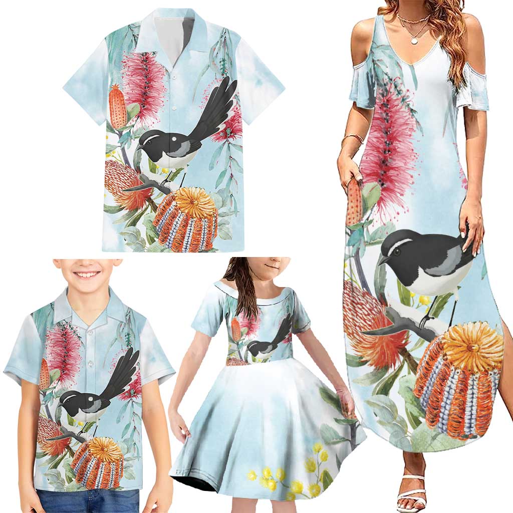 Willie wagtail Australia Family Matching Summer Maxi Dress and Hawaiian Shirt Banksia Bottlebrushes Watercolor Stylized - Vibe Hoodie