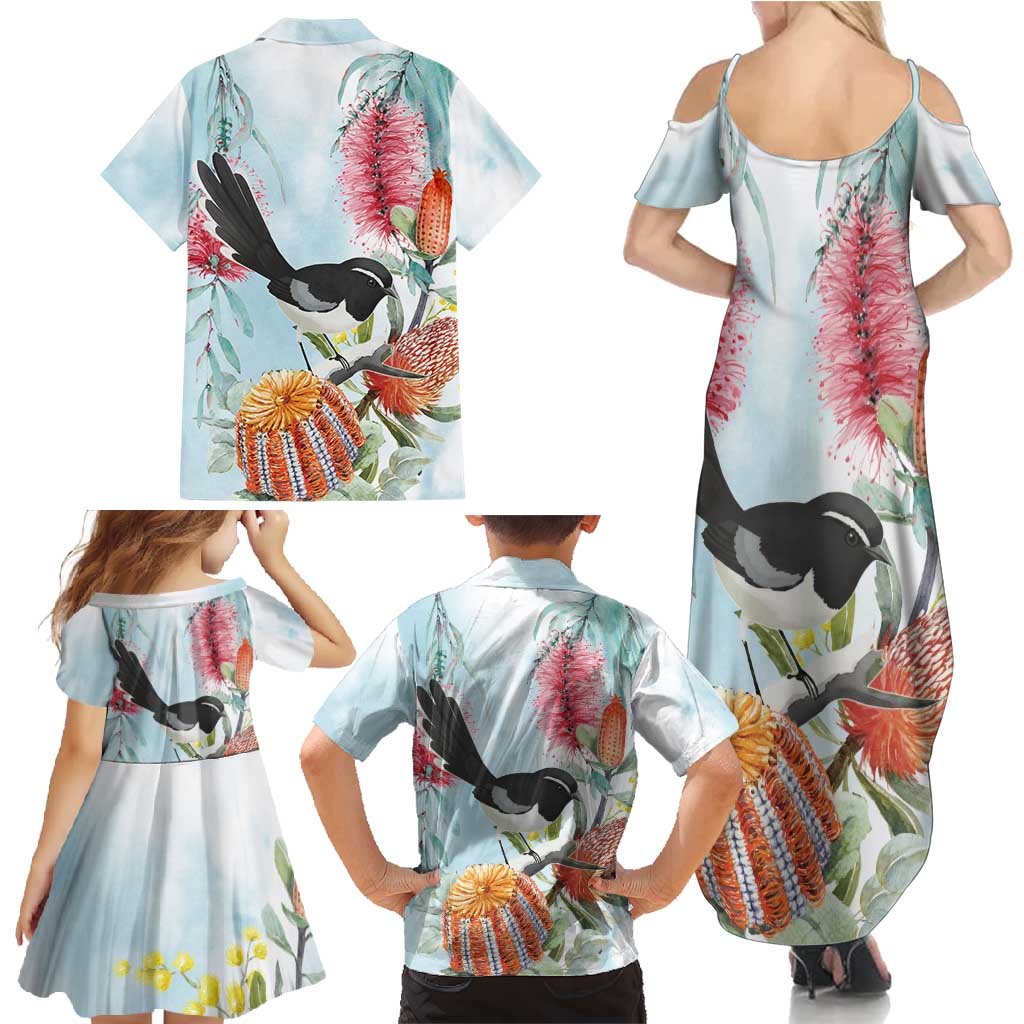 Willie wagtail Australia Family Matching Summer Maxi Dress and Hawaiian Shirt Banksia Bottlebrushes Watercolor Stylized - Vibe Hoodie