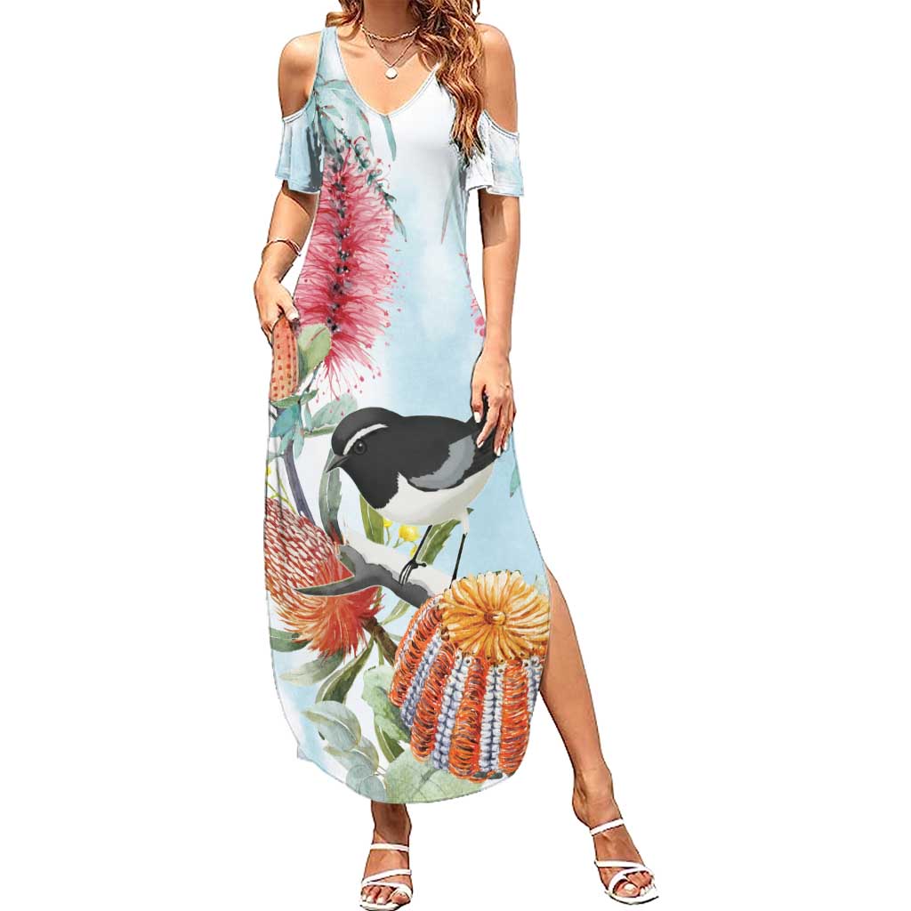 Willie wagtail Australia Family Matching Summer Maxi Dress and Hawaiian Shirt Banksia Bottlebrushes Watercolor Stylized - Vibe Hoodie