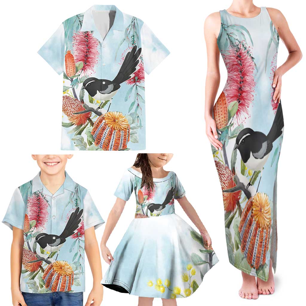 Willie wagtail Australia Family Matching Tank Maxi Dress and Hawaiian Shirt Banksia Bottlebrushes Watercolor Stylized - Vibe Hoodie