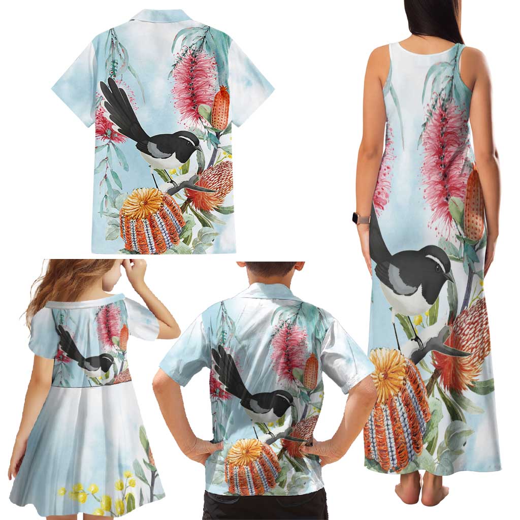 Willie wagtail Australia Family Matching Tank Maxi Dress and Hawaiian Shirt Banksia Bottlebrushes Watercolor Stylized - Vibe Hoodie