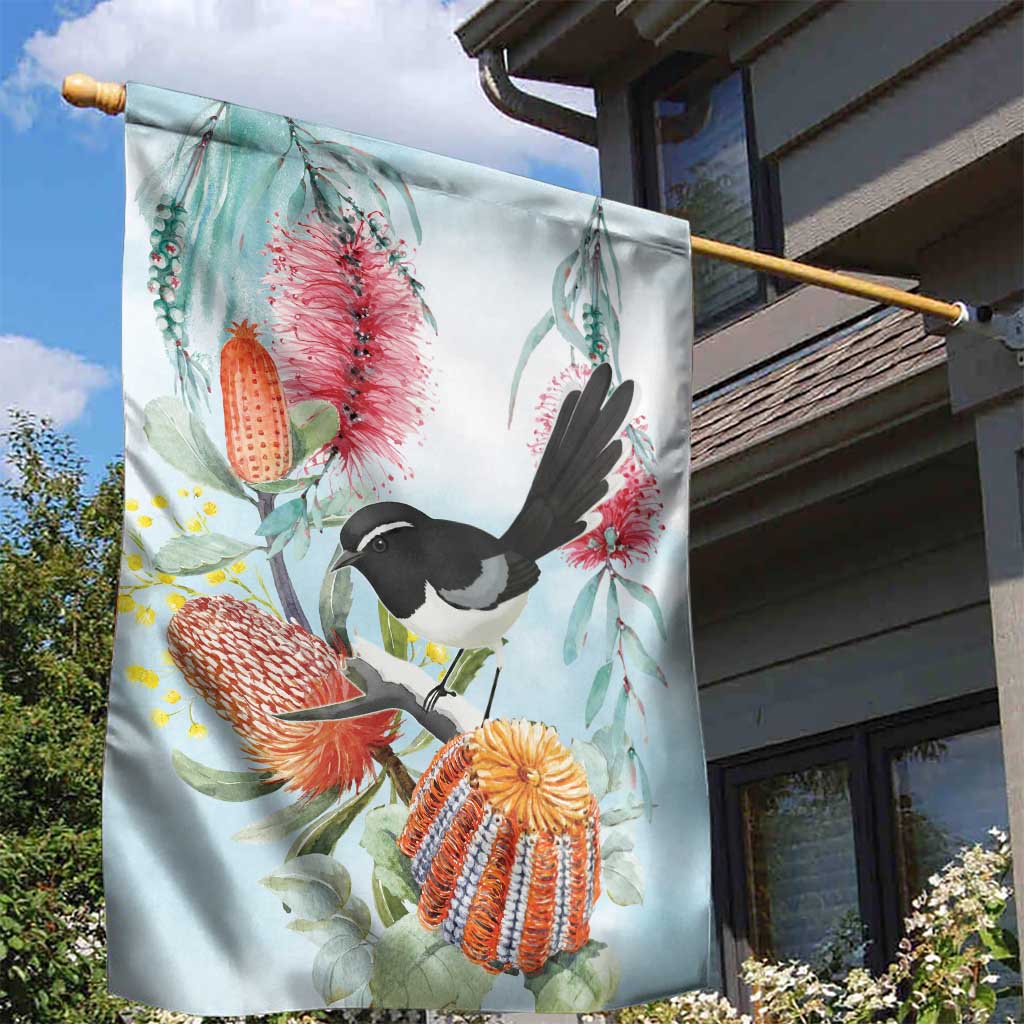 Willie wagtail Australia Garden Flag Banksia Bottlebrushes Watercolor Stylized - Vibe Hoodie