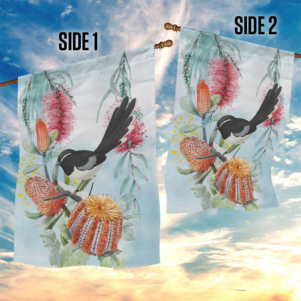 Willie wagtail Australia Garden Flag Banksia Bottlebrushes Watercolor Stylized - Vibe Hoodie