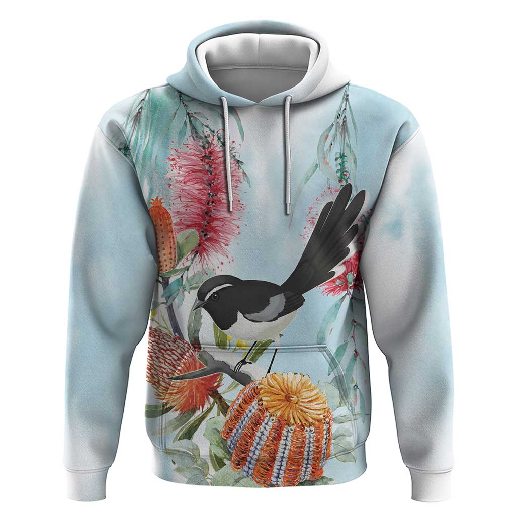 Willie wagtail Australia Hoodie Banksia Bottlebrushes Watercolor Stylized - Vibe Hoodie