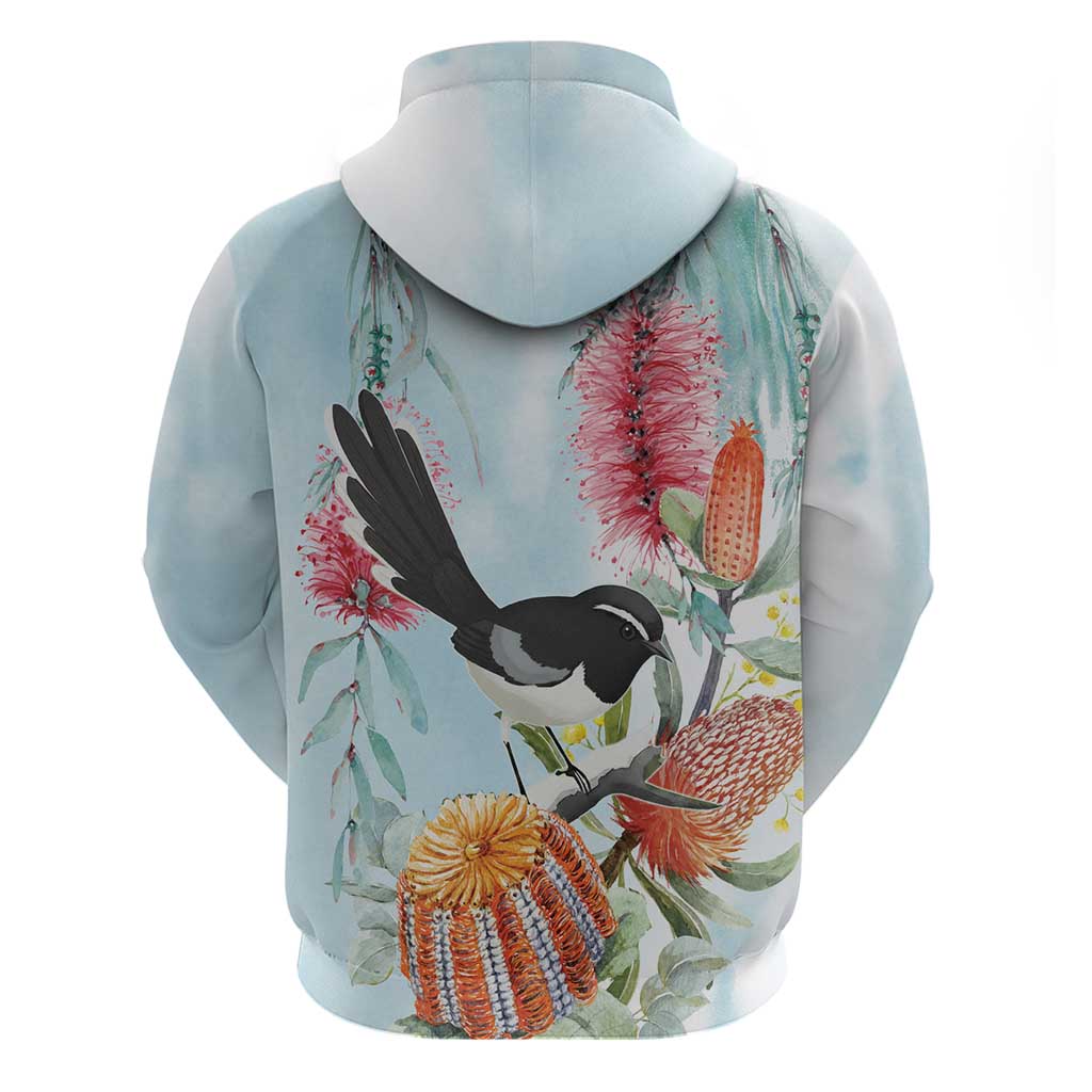 Willie wagtail Australia Hoodie Banksia Bottlebrushes Watercolor Stylized - Vibe Hoodie