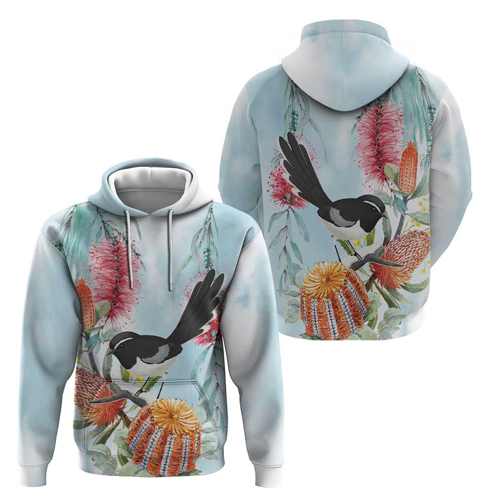 Willie wagtail Australia Hoodie Banksia Bottlebrushes Watercolor Stylized - Vibe Hoodie