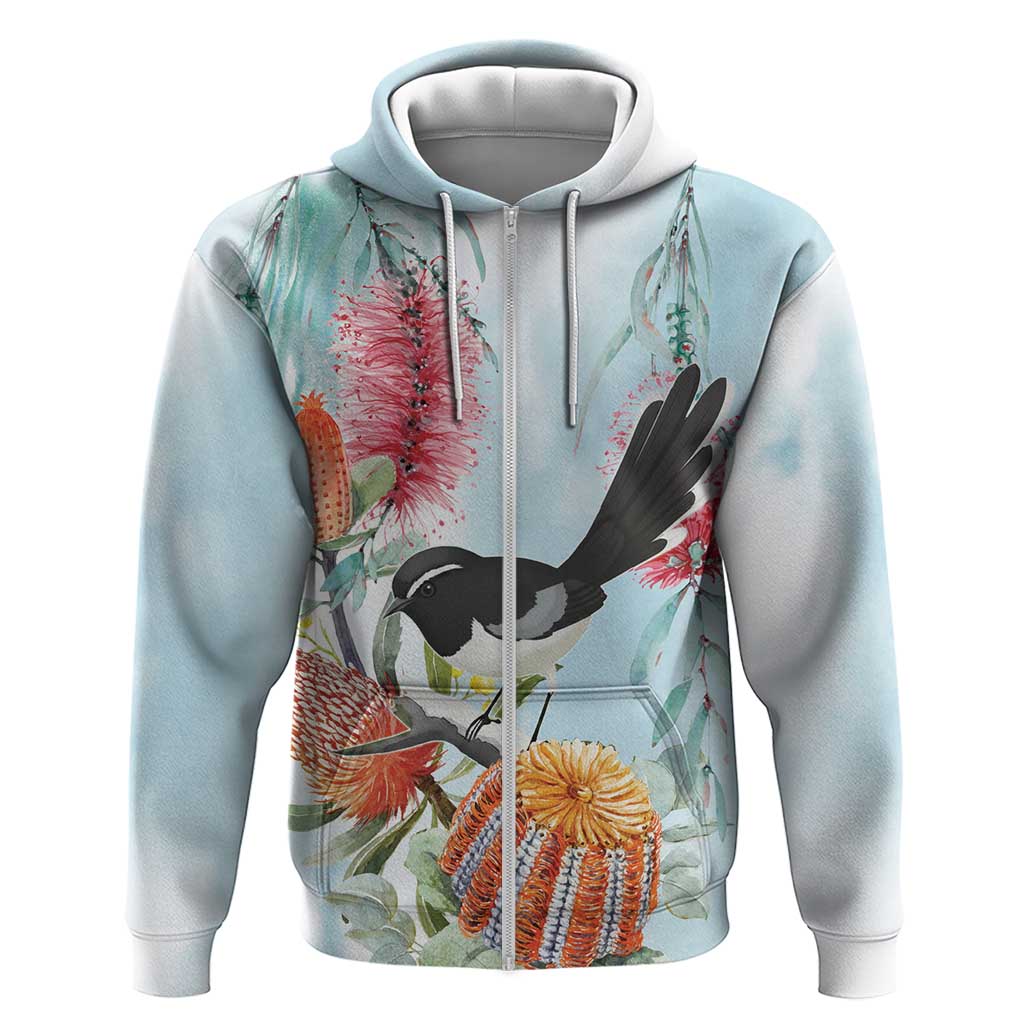 Willie wagtail Australia Hoodie Banksia Bottlebrushes Watercolor Stylized - Vibe Hoodie