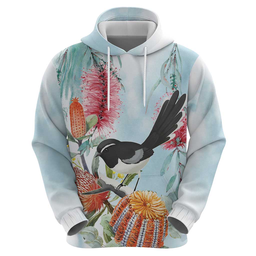 Willie wagtail Australia Hoodie Banksia Bottlebrushes Watercolor Stylized - Vibe Hoodie