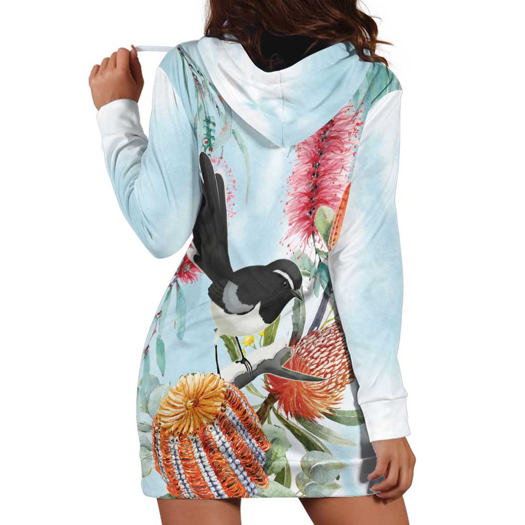 Willie wagtail Australia Hoodie Dress Banksia Bottlebrushes Watercolor Stylized - Vibe Hoodie