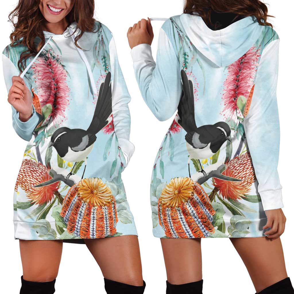 Willie wagtail Australia Hoodie Dress Banksia Bottlebrushes Watercolor Stylized - Vibe Hoodie