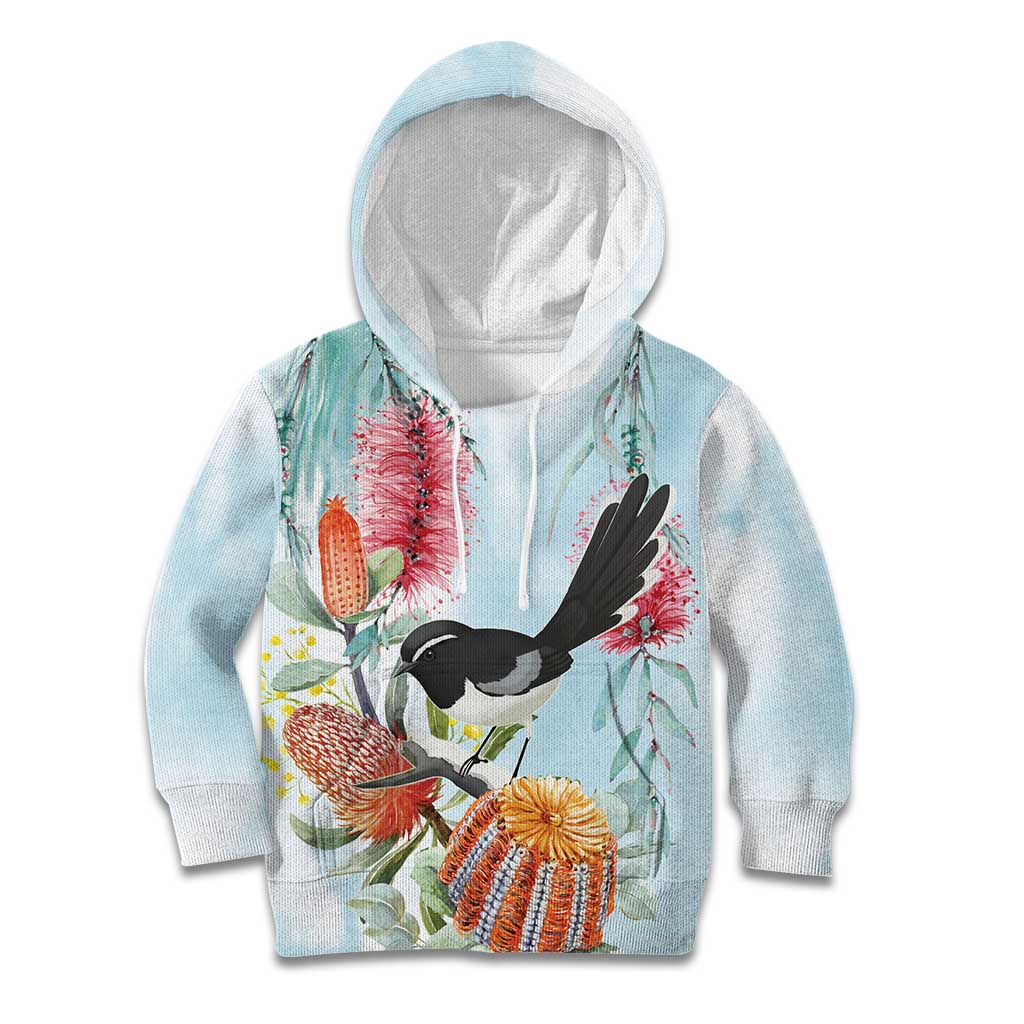 Willie wagtail Australia Kid Hoodie Banksia Bottlebrushes Watercolor Stylized - Vibe Hoodie
