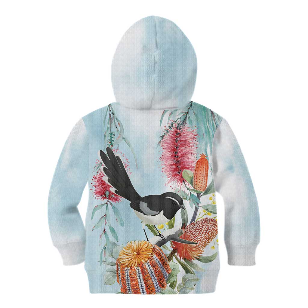 Willie wagtail Australia Kid Hoodie Banksia Bottlebrushes Watercolor Stylized - Vibe Hoodie