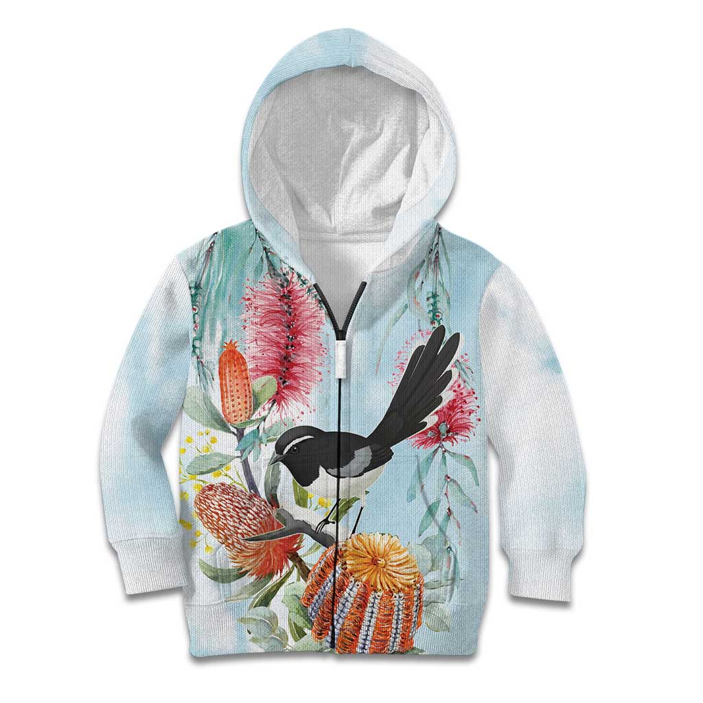 Willie wagtail Australia Kid Hoodie Banksia Bottlebrushes Watercolor Stylized - Vibe Hoodie