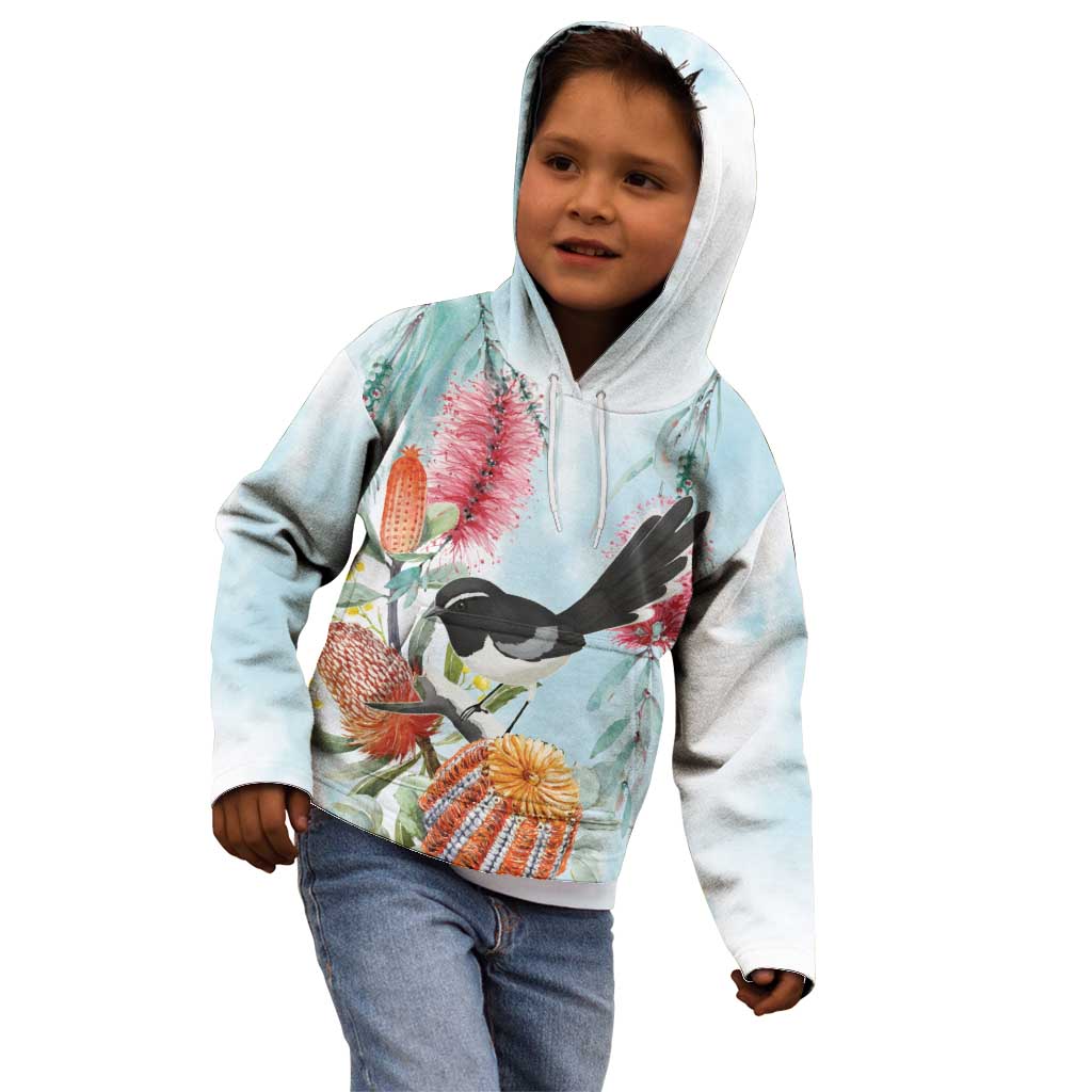 Willie wagtail Australia Kid Hoodie Banksia Bottlebrushes Watercolor Stylized - Vibe Hoodie