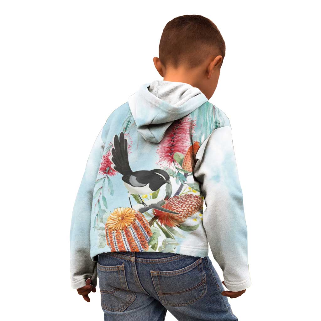 Willie wagtail Australia Kid Hoodie Banksia Bottlebrushes Watercolor Stylized - Vibe Hoodie