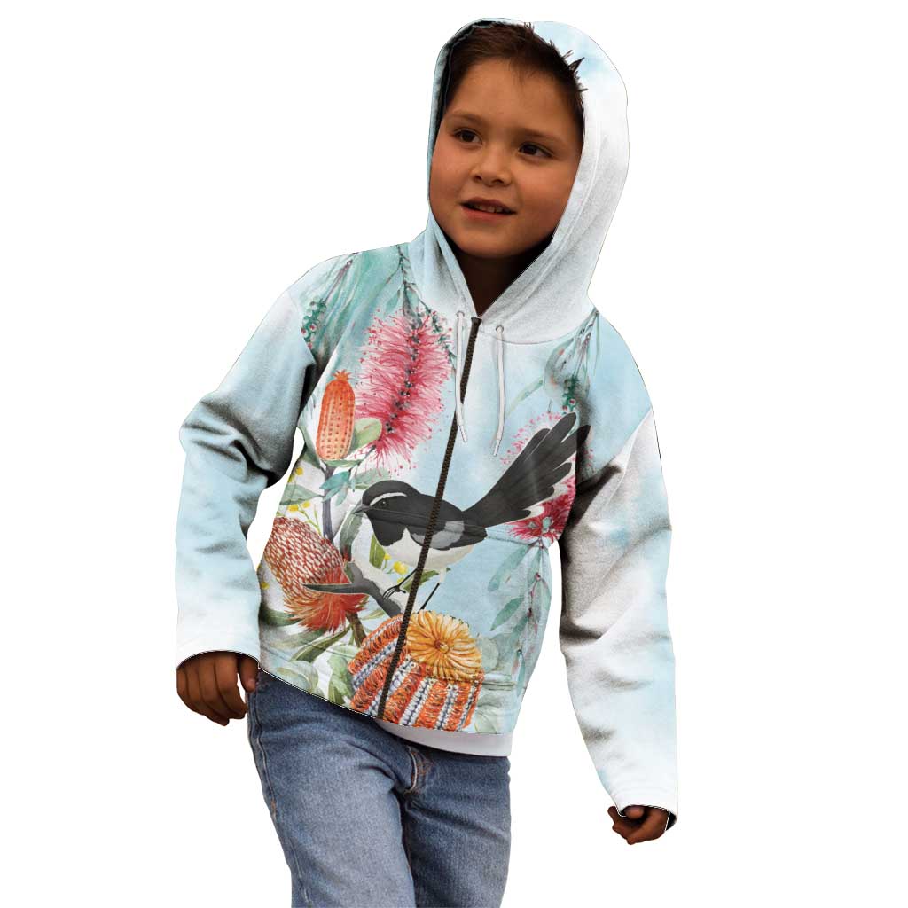 Willie wagtail Australia Kid Hoodie Banksia Bottlebrushes Watercolor Stylized - Vibe Hoodie