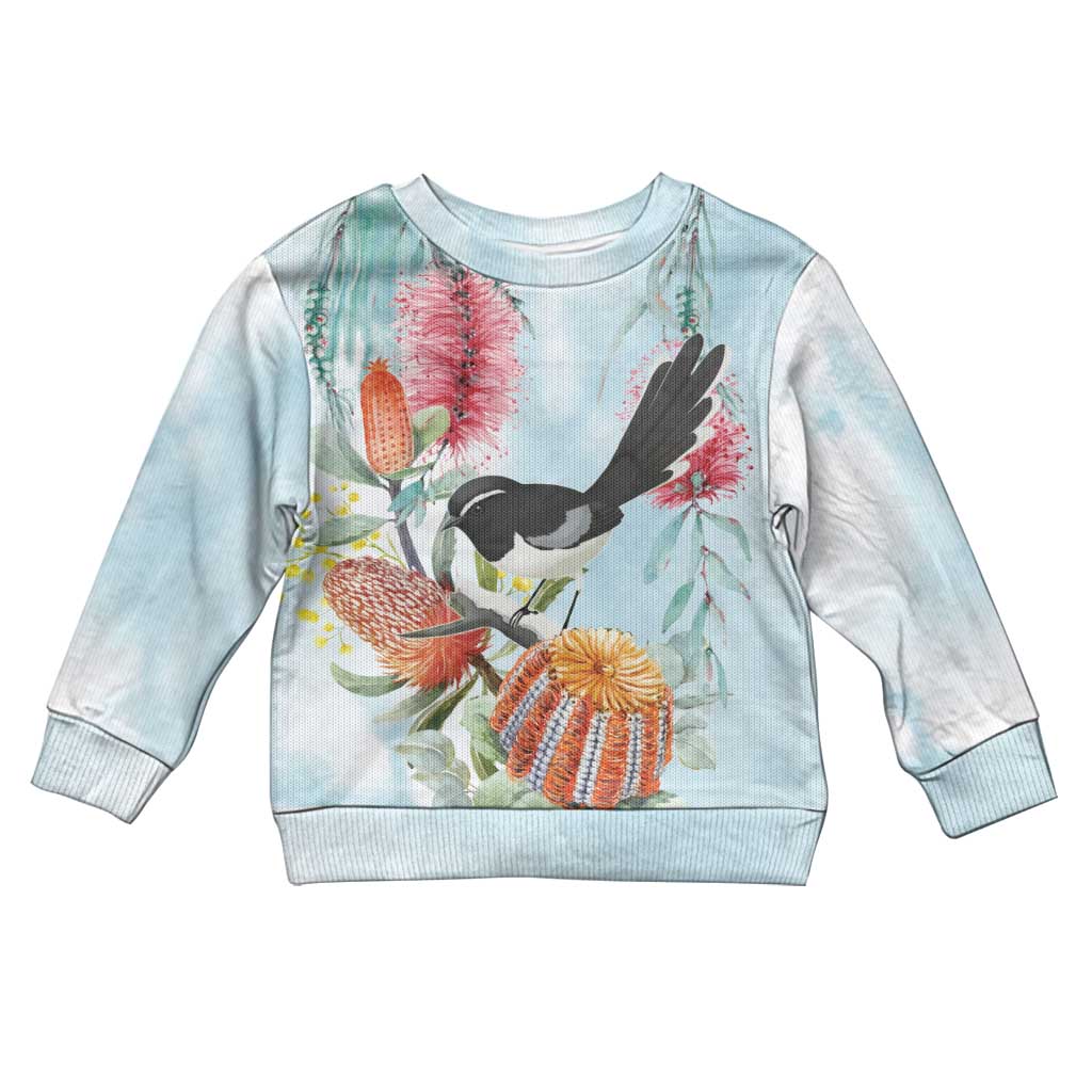 Willie wagtail Australia Kid Ugly Christmas Sweater Banksia Bottlebrushes Watercolor Stylized - Vibe Hoodie
