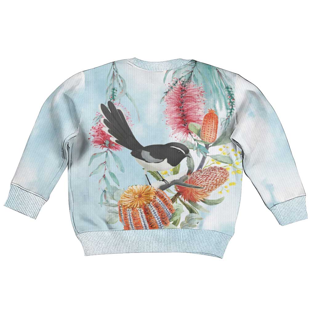 Willie wagtail Australia Kid Ugly Christmas Sweater Banksia Bottlebrushes Watercolor Stylized - Vibe Hoodie
