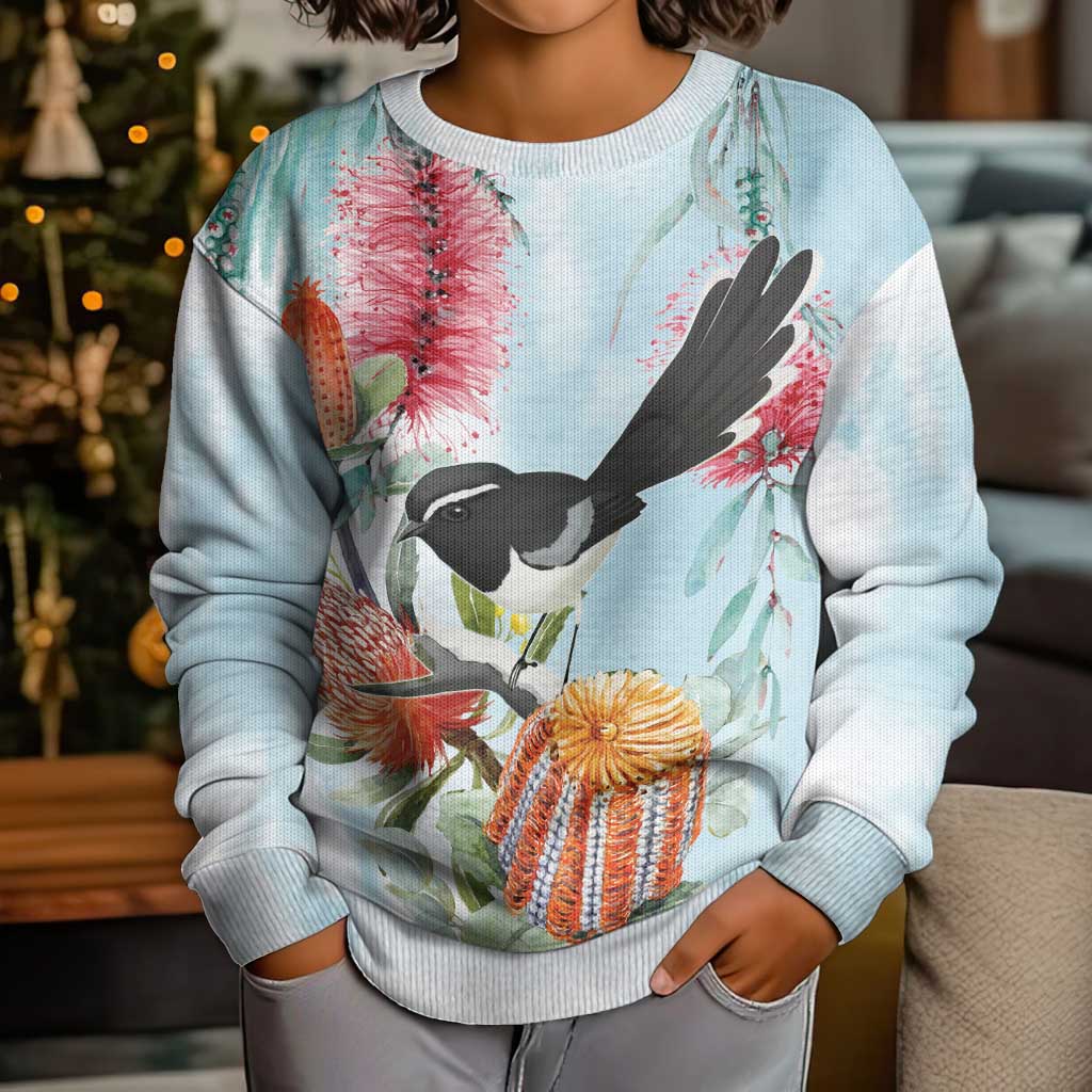 Willie wagtail Australia Kid Ugly Christmas Sweater Banksia Bottlebrushes Watercolor Stylized - Vibe Hoodie