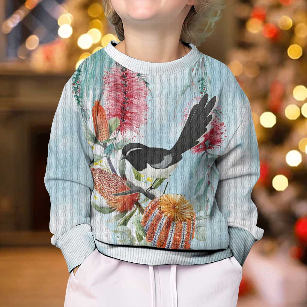 Willie wagtail Australia Kid Ugly Christmas Sweater Banksia Bottlebrushes Watercolor Stylized - Vibe Hoodie