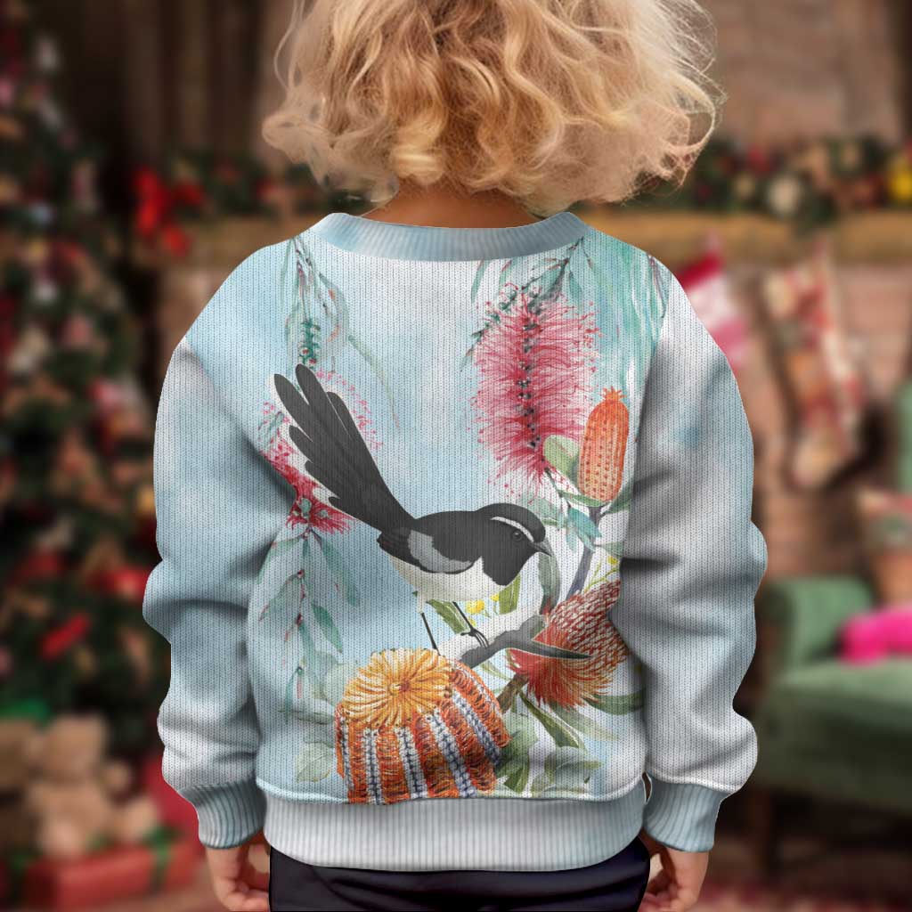 Willie wagtail Australia Kid Ugly Christmas Sweater Banksia Bottlebrushes Watercolor Stylized - Vibe Hoodie
