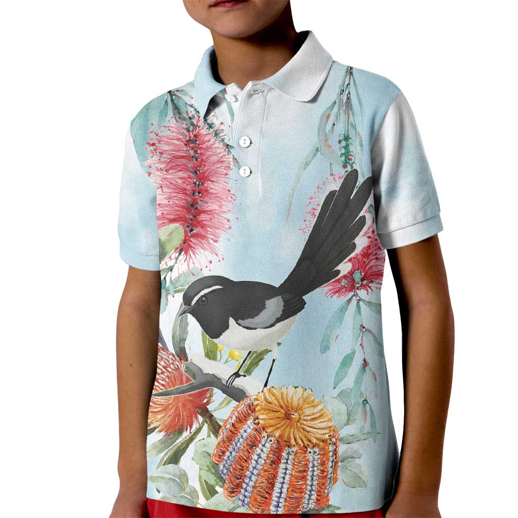 Willie wagtail Australia Kid Polo Shirt Banksia Bottlebrushes Watercolor Stylized - Vibe Hoodie