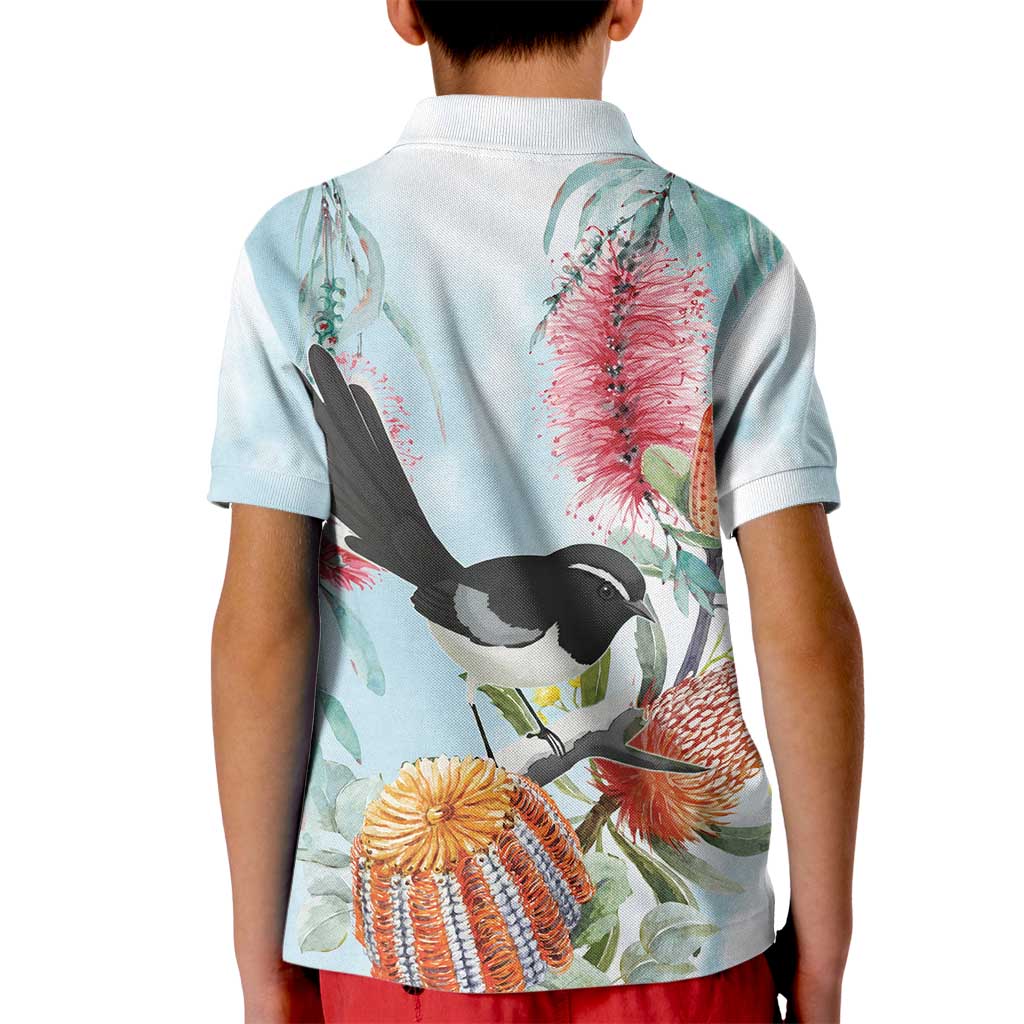 Willie wagtail Australia Kid Polo Shirt Banksia Bottlebrushes Watercolor Stylized - Vibe Hoodie