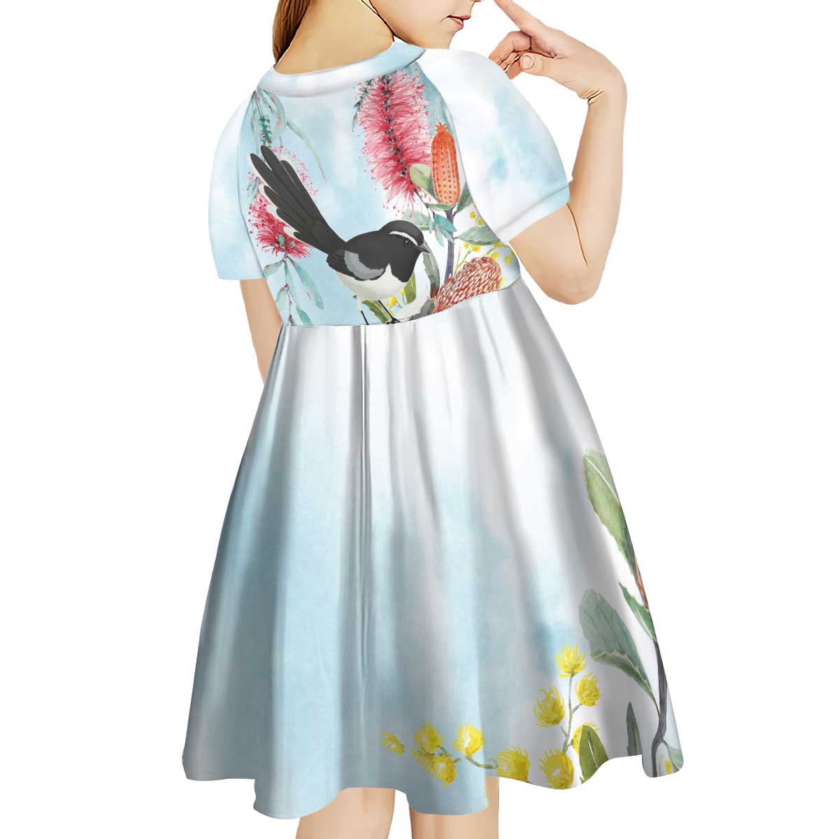 Willie wagtail Australia Kid Short Sleeve Dress Banksia Bottlebrushes Watercolor Stylized - Vibe Hoodie