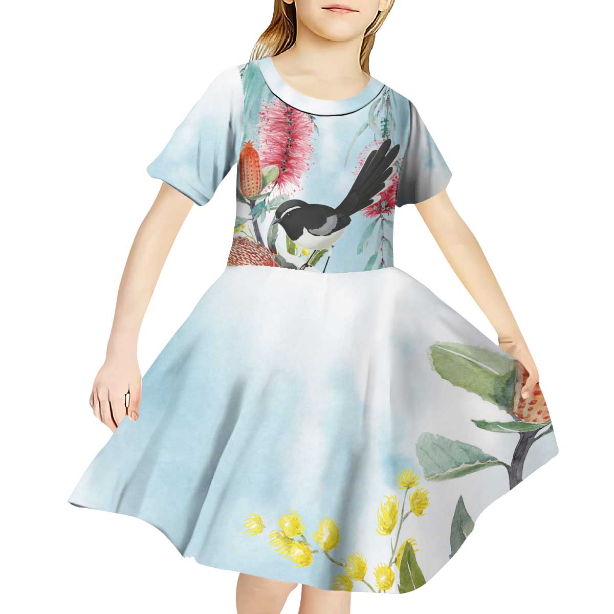 Willie wagtail Australia Kid Short Sleeve Dress Banksia Bottlebrushes Watercolor Stylized - Vibe Hoodie