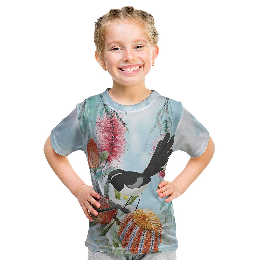 Willie wagtail Australia Kid T Shirt Banksia Bottlebrushes Watercolor Stylized - Vibe Hoodie