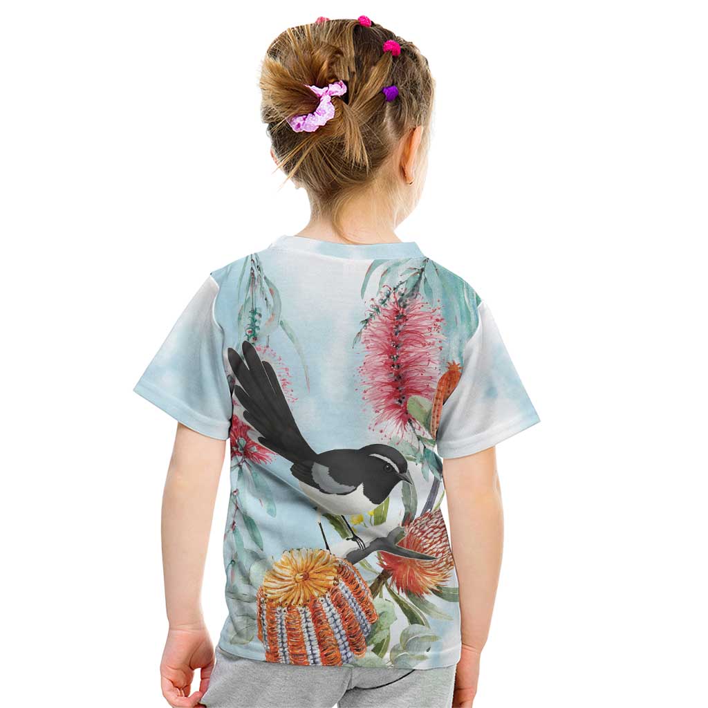 Willie wagtail Australia Kid T Shirt Banksia Bottlebrushes Watercolor Stylized - Vibe Hoodie