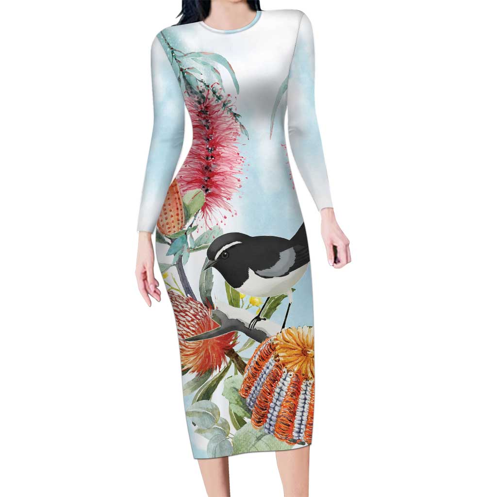 Willie wagtail Australia Long Sleeve Bodycon Dress Banksia Bottlebrushes Watercolor Stylized - Vibe Hoodie