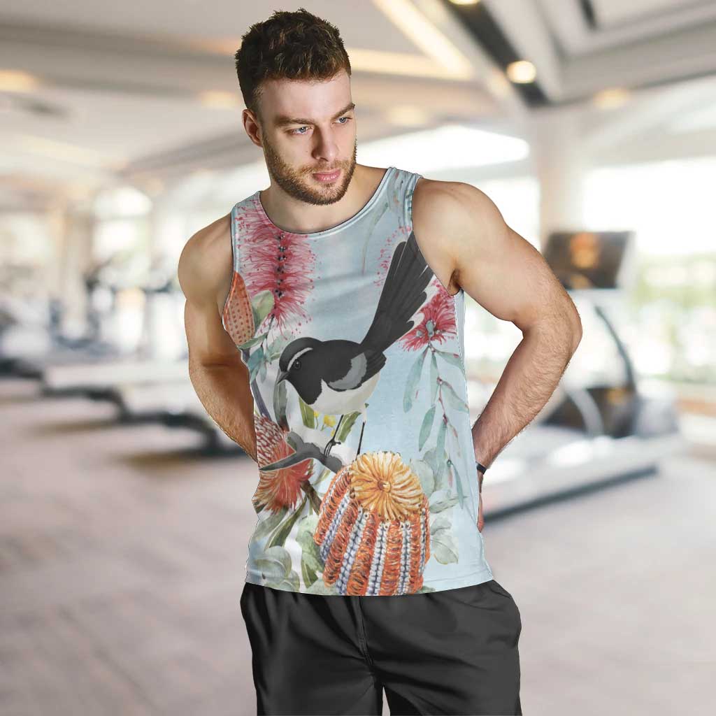 Willie wagtail Australia Men Tank Top Banksia Bottlebrushes Watercolor Stylized - Vibe Hoodie