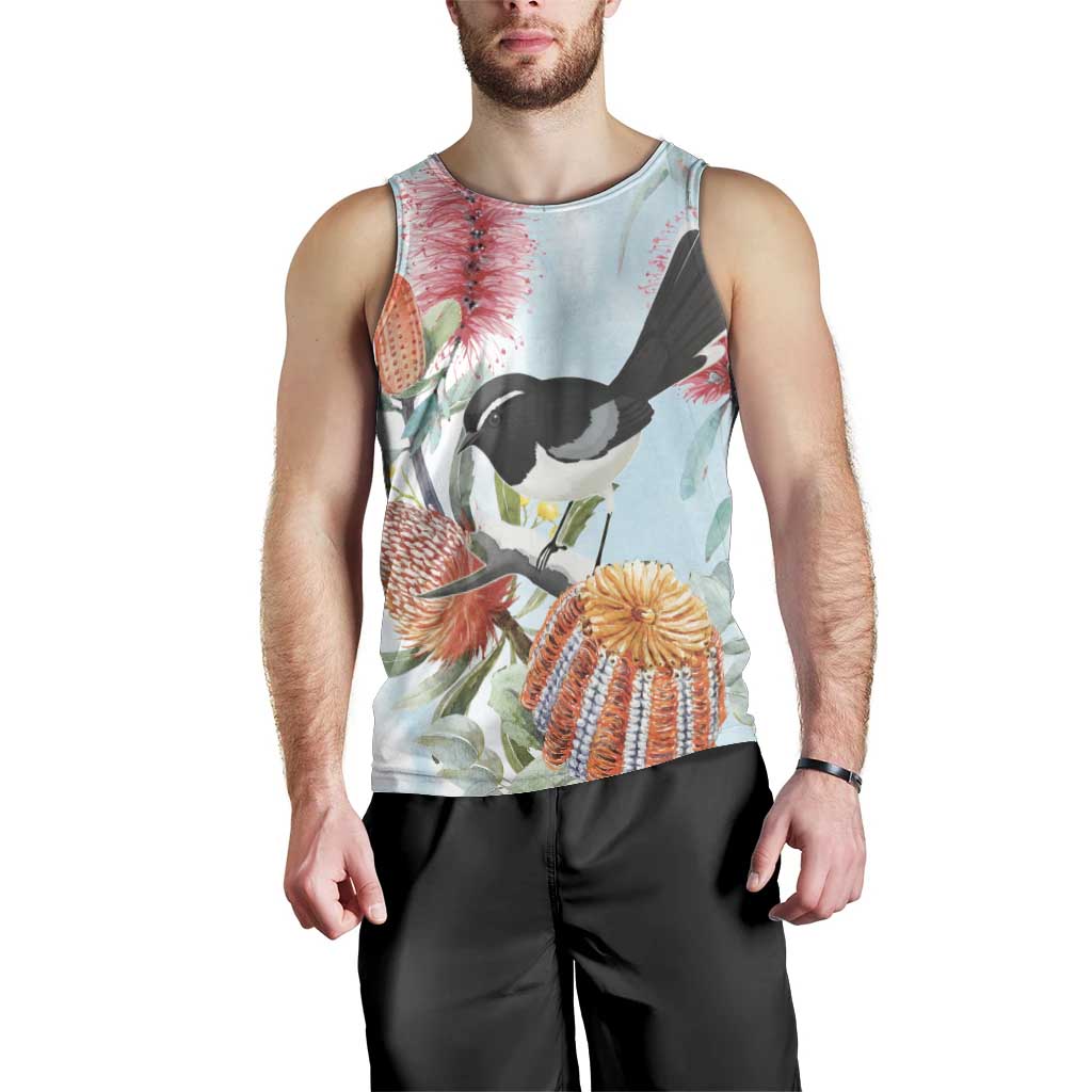 Willie wagtail Australia Men Tank Top Banksia Bottlebrushes Watercolor Stylized - Vibe Hoodie
