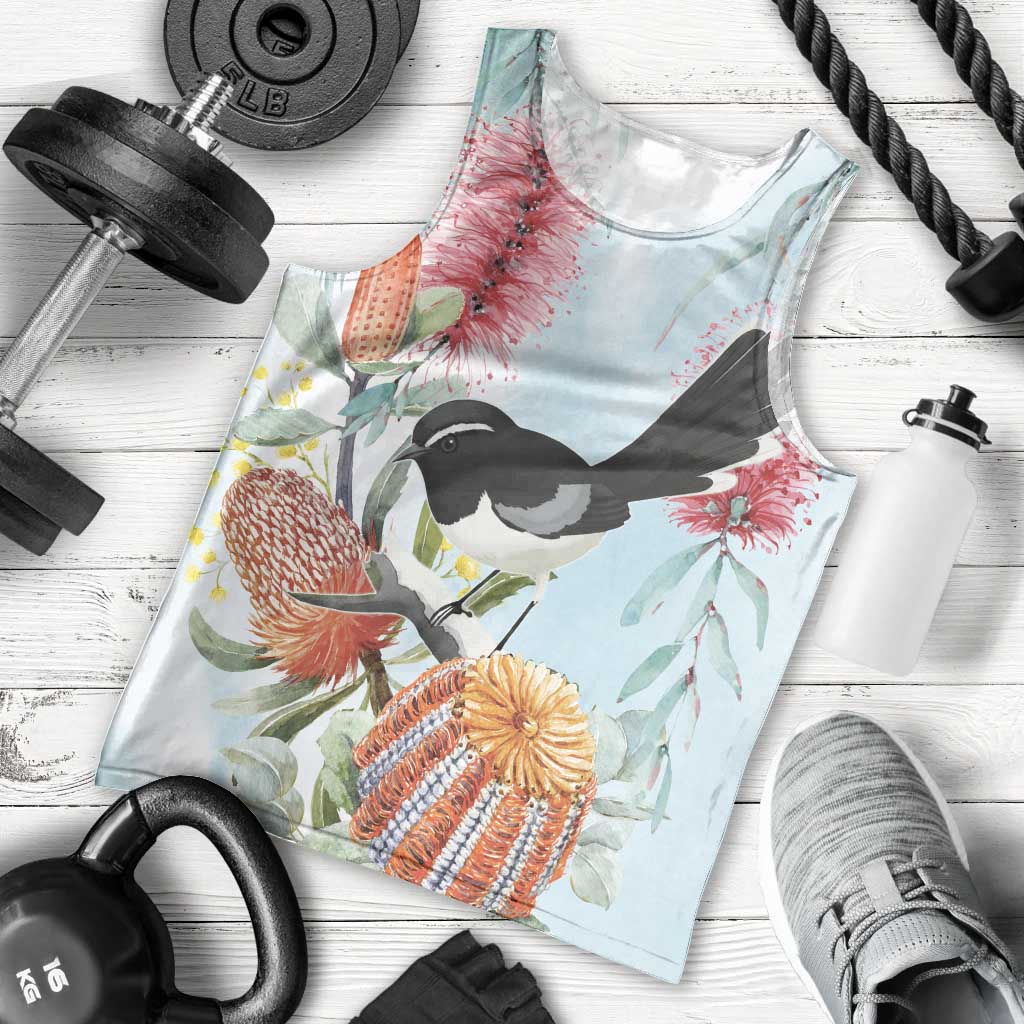 Willie wagtail Australia Men Tank Top Banksia Bottlebrushes Watercolor Stylized - Vibe Hoodie