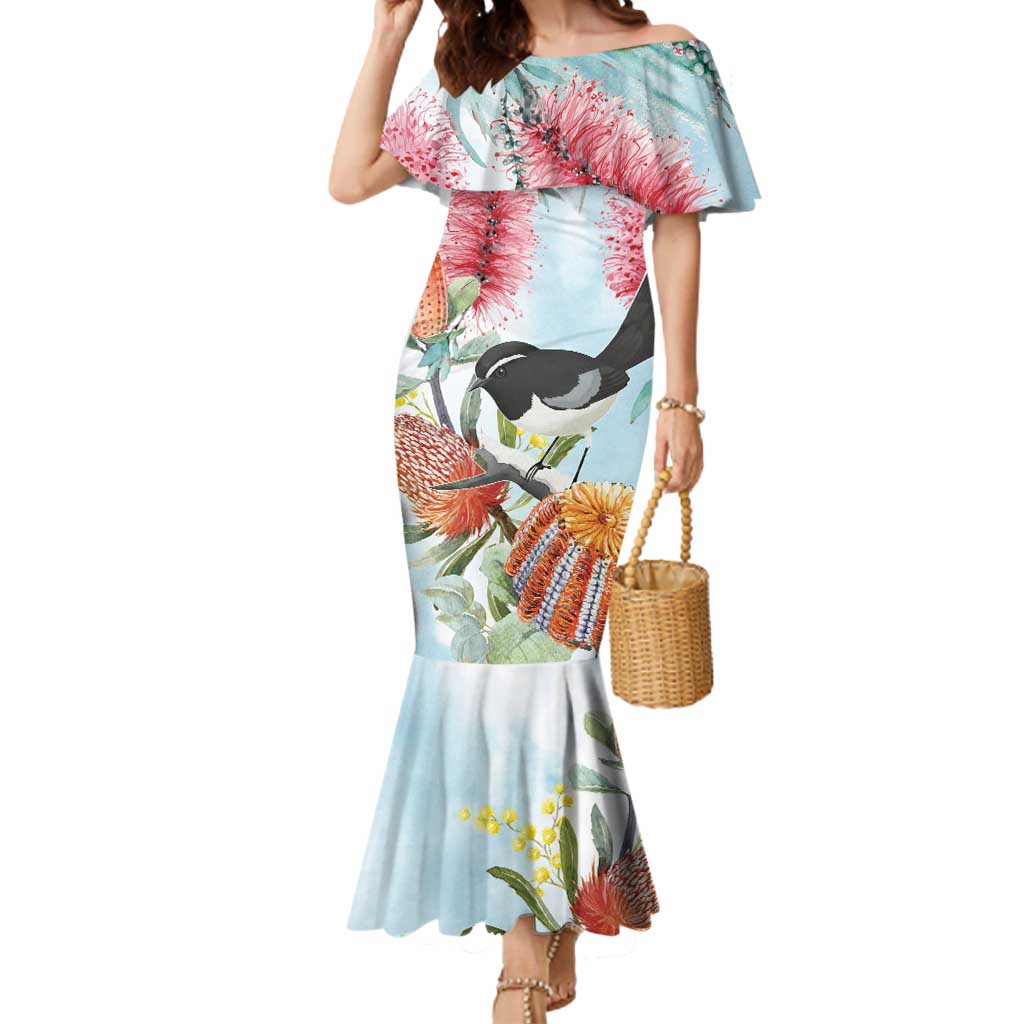 Willie wagtail Australia Mermaid Dress Banksia Bottlebrushes Watercolor Stylized - Vibe Hoodie
