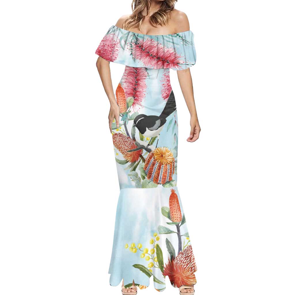 Willie wagtail Australia Mermaid Dress Banksia Bottlebrushes Watercolor Stylized - Vibe Hoodie
