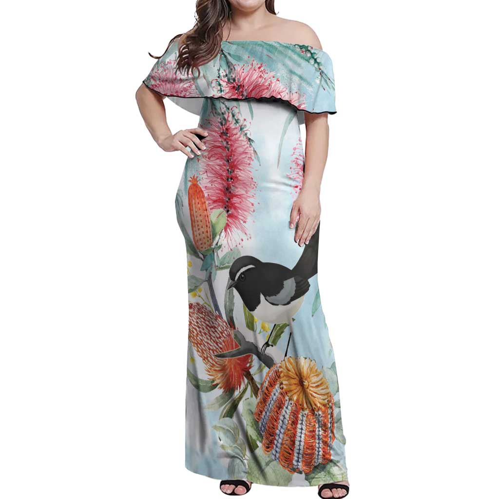 Willie wagtail Australia Off Shoulder Maxi Dress Banksia Bottlebrushes Watercolor Stylized - Vibe Hoodie