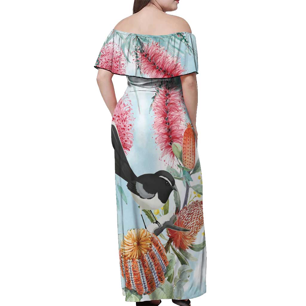 Willie wagtail Australia Off Shoulder Maxi Dress Banksia Bottlebrushes Watercolor Stylized - Vibe Hoodie