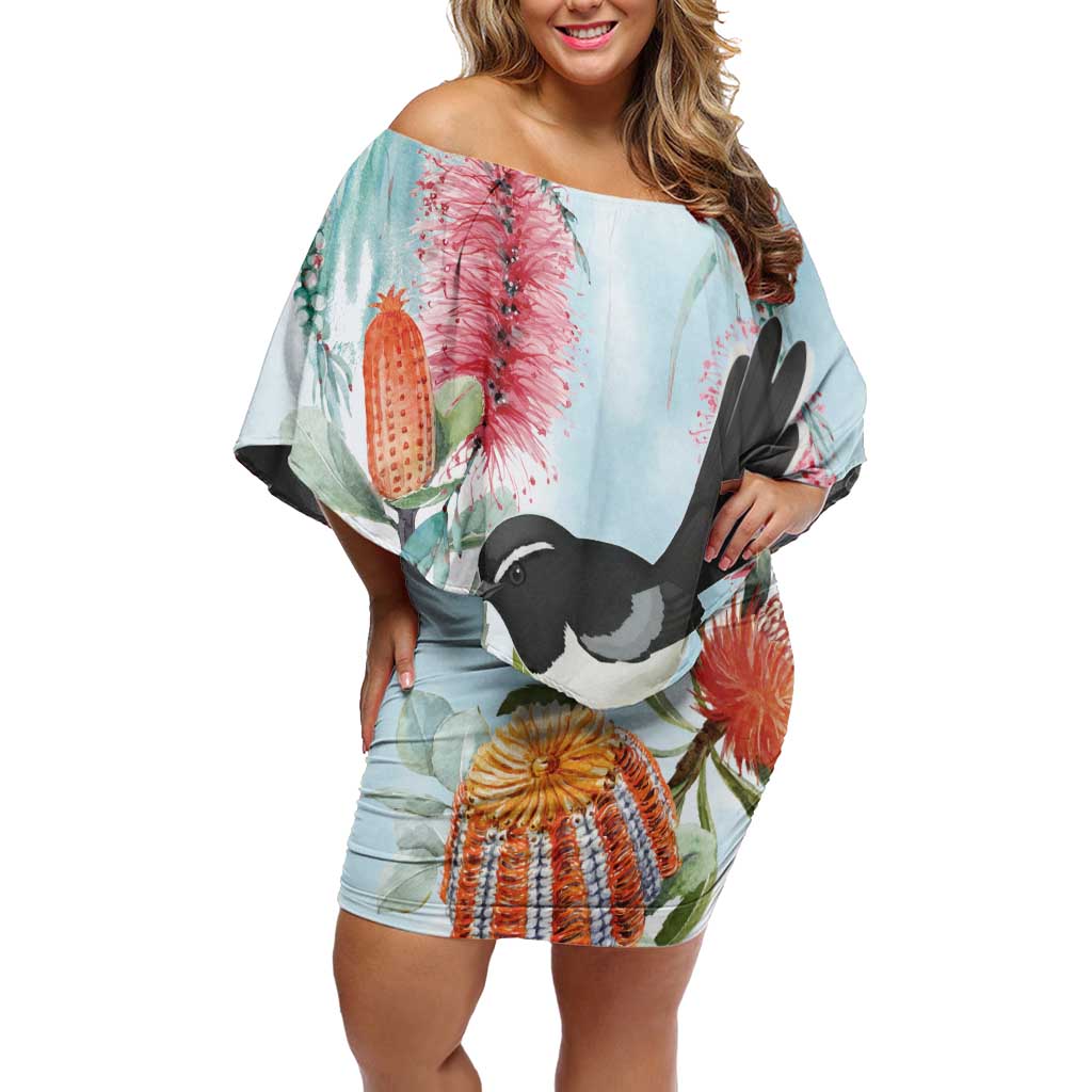 Willie wagtail Australia Off Shoulder Short Dress Banksia Bottlebrushes Watercolor Stylized - Vibe Hoodie
