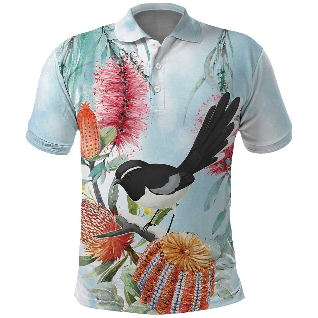 Willie wagtail Australia Polo Shirt Banksia Bottlebrushes Watercolor Stylized - Vibe Hoodie