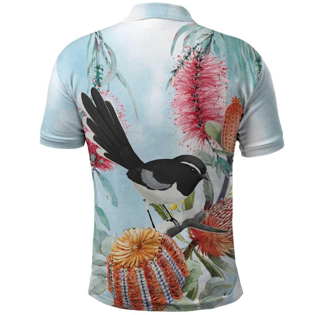 Willie wagtail Australia Polo Shirt Banksia Bottlebrushes Watercolor Stylized - Vibe Hoodie