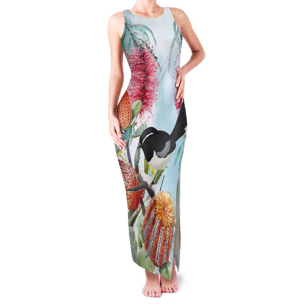 Willie wagtail Australia Tank Maxi Dress Banksia Bottlebrushes Watercolor Stylized - Vibe Hoodie