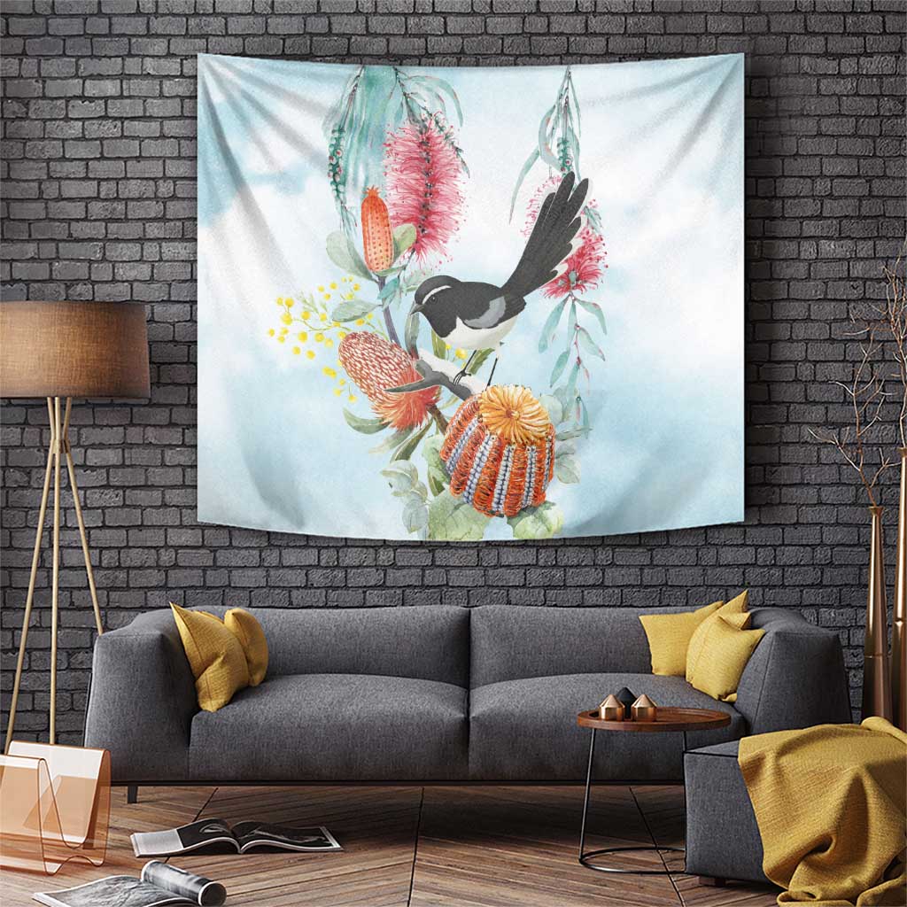 Willie wagtail Australia Tapestry Banksia Bottlebrushes Watercolor Stylized - Vibe Hoodie