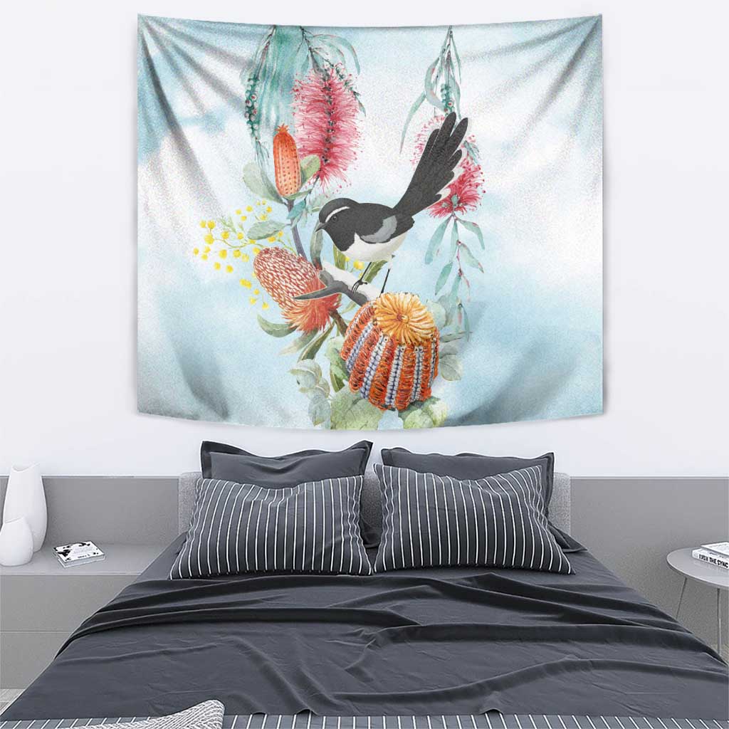 Willie wagtail Australia Tapestry Banksia Bottlebrushes Watercolor Stylized - Vibe Hoodie