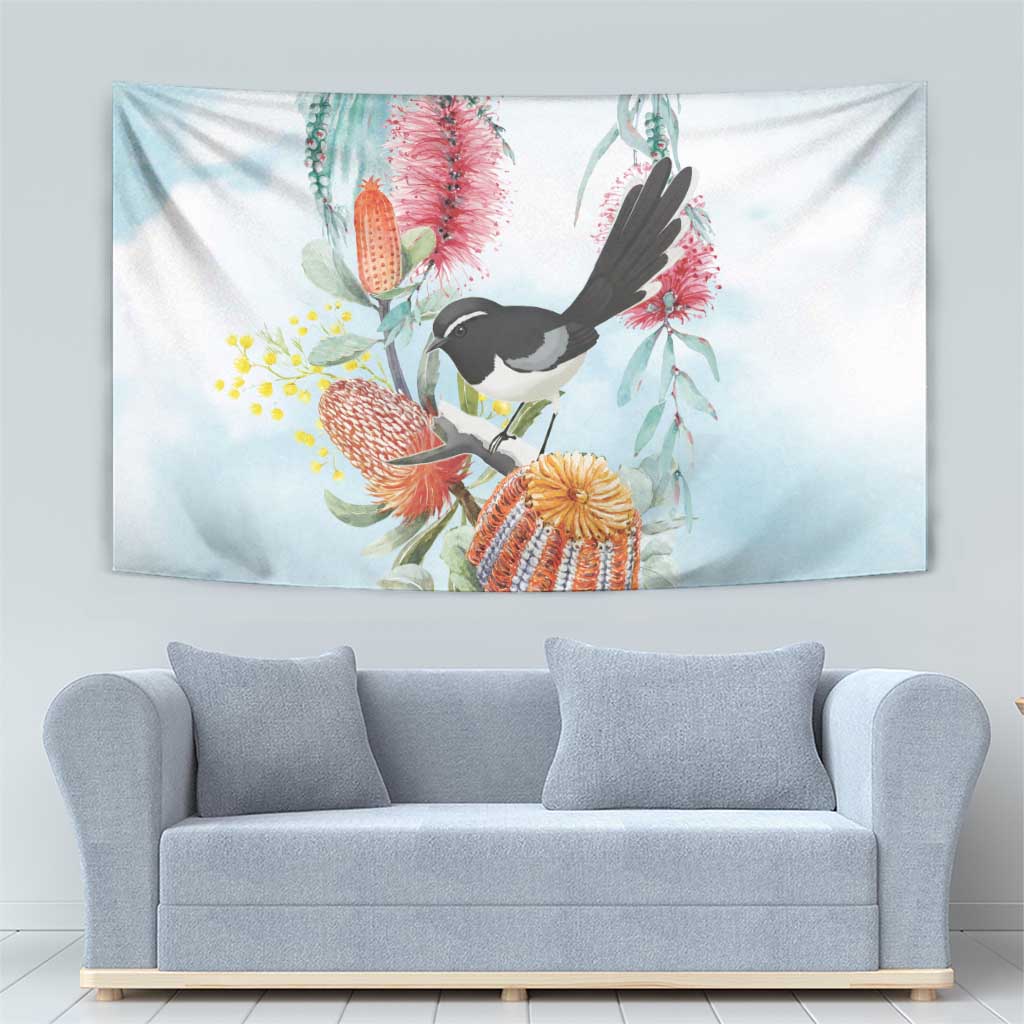 Willie wagtail Australia Tapestry Banksia Bottlebrushes Watercolor Stylized - Vibe Hoodie