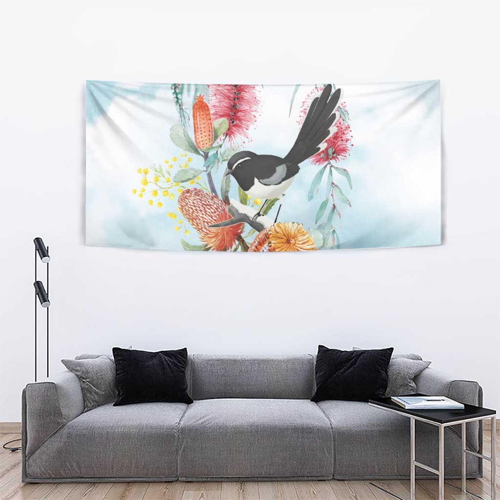 Willie wagtail Australia Tapestry Banksia Bottlebrushes Watercolor Stylized - Vibe Hoodie