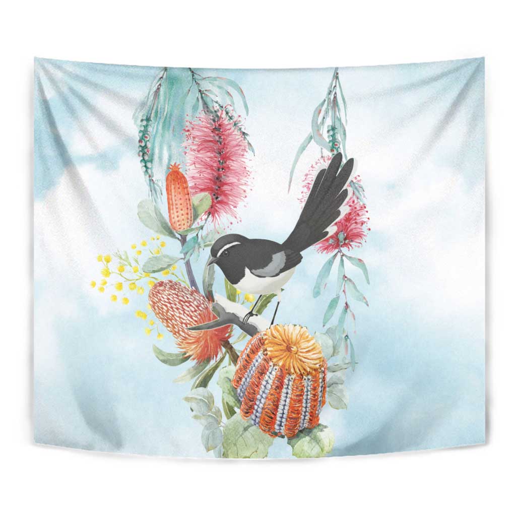 Willie wagtail Australia Tapestry Banksia Bottlebrushes Watercolor Stylized - Vibe Hoodie