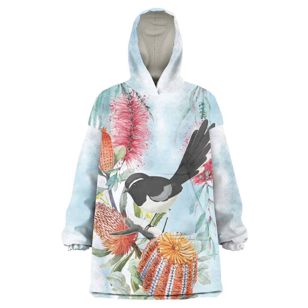 Willie wagtail Australia Wearable Blanket Hoodie Banksia Bottlebrushes Watercolor Stylized - Vibe Hoodie